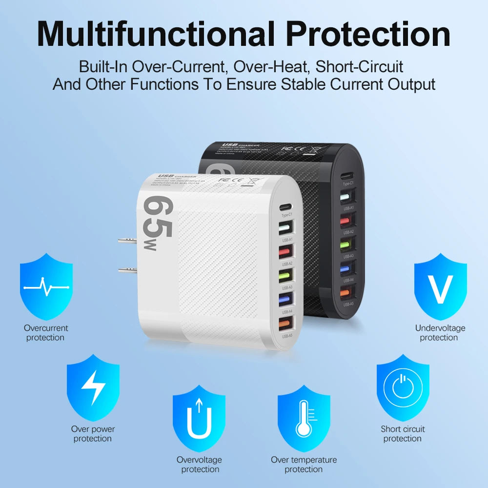 3.1A 5Ports USB Charger PD Charging Adapter For Xiaomi iPhone 13 Samsung Mobile Phone