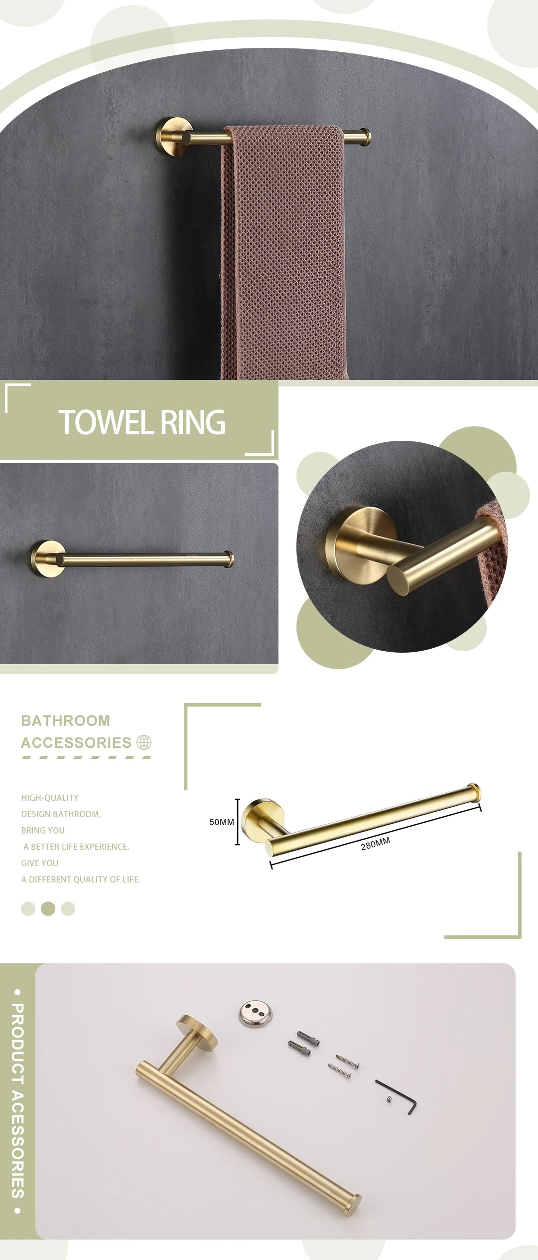 Brushed Gold Wall Mounted Hand Towel Bar 304 Stainless Steel Round Toilet Paper Holder Robe