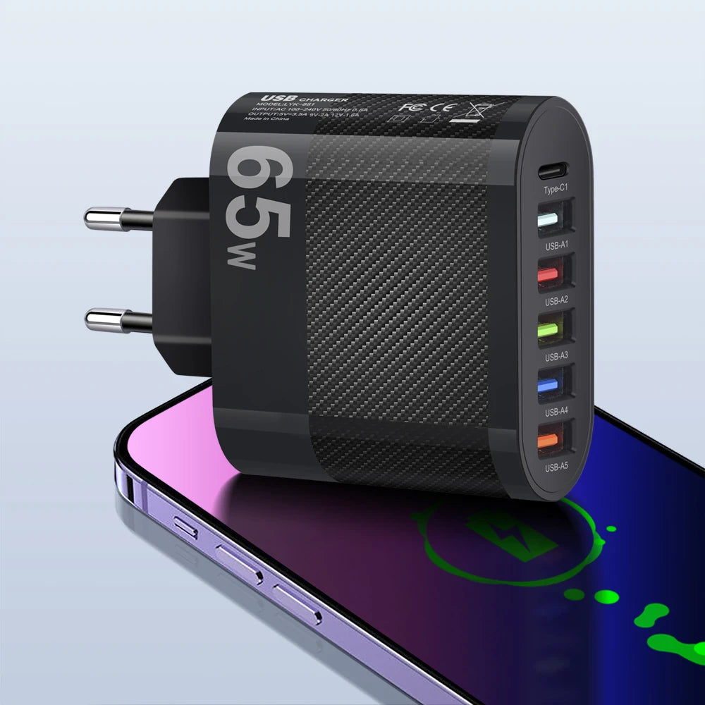 3.1A 5Ports USB Charger PD Charging Adapter For Xiaomi iPhone 13 Samsung Mobile Phone