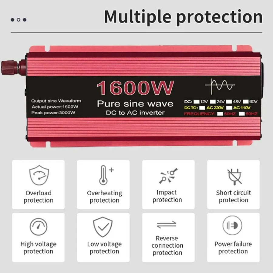 Pure Sine Wave Inverter DC 12V/24V To AC 110V/220V 1000W 1600W 2000W 2200W Portable Power Bank Converter Solar Inverter