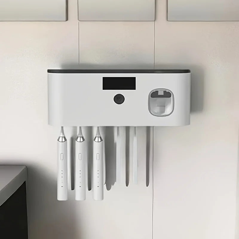 Intelligent UV toothbrush sterilizer with automatic toothpaste dispenser .