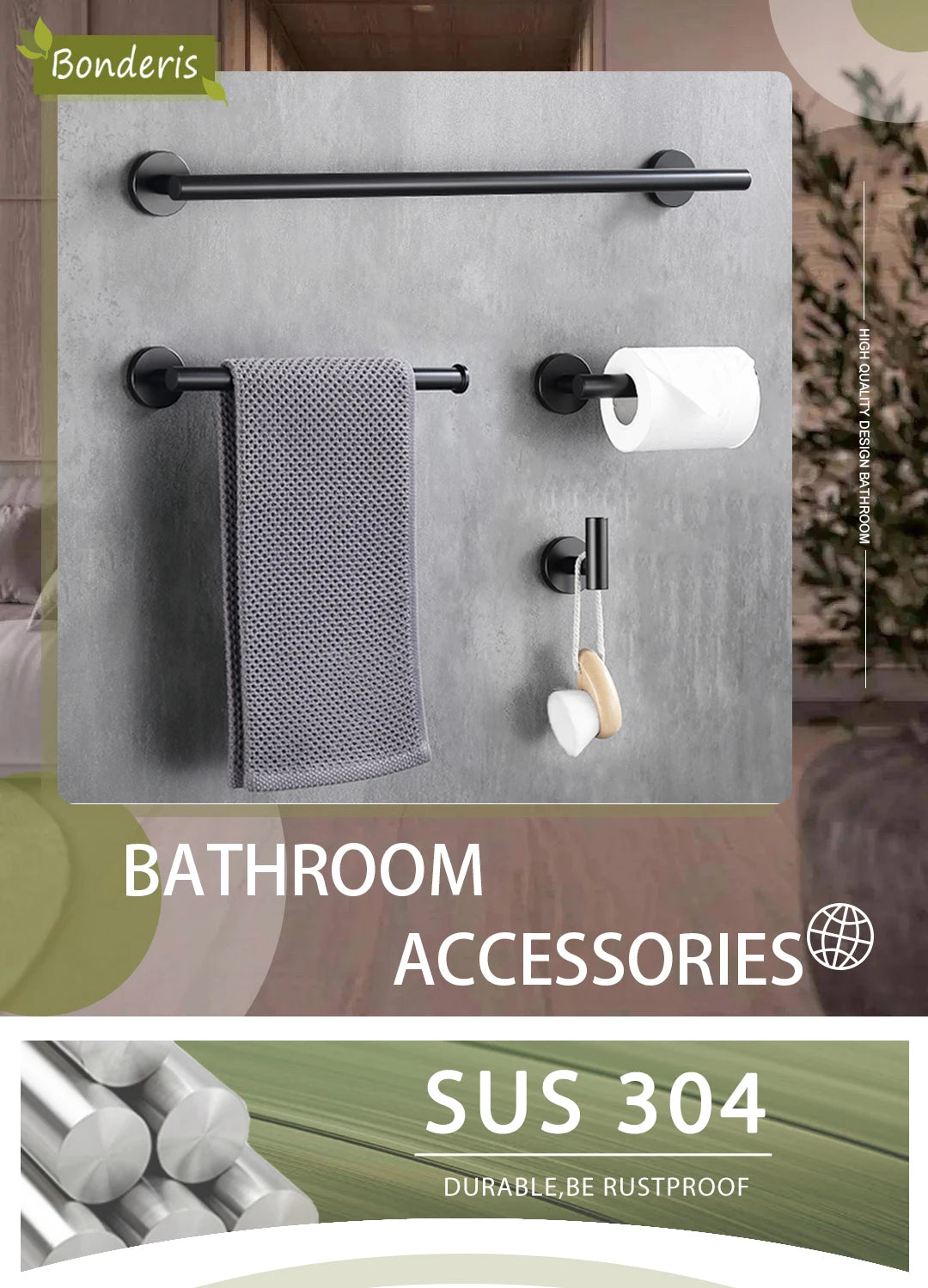 Brushed Gold Wall Mounted Hand Towel Bar 304 Stainless Steel Round Toilet Paper Holder Robe