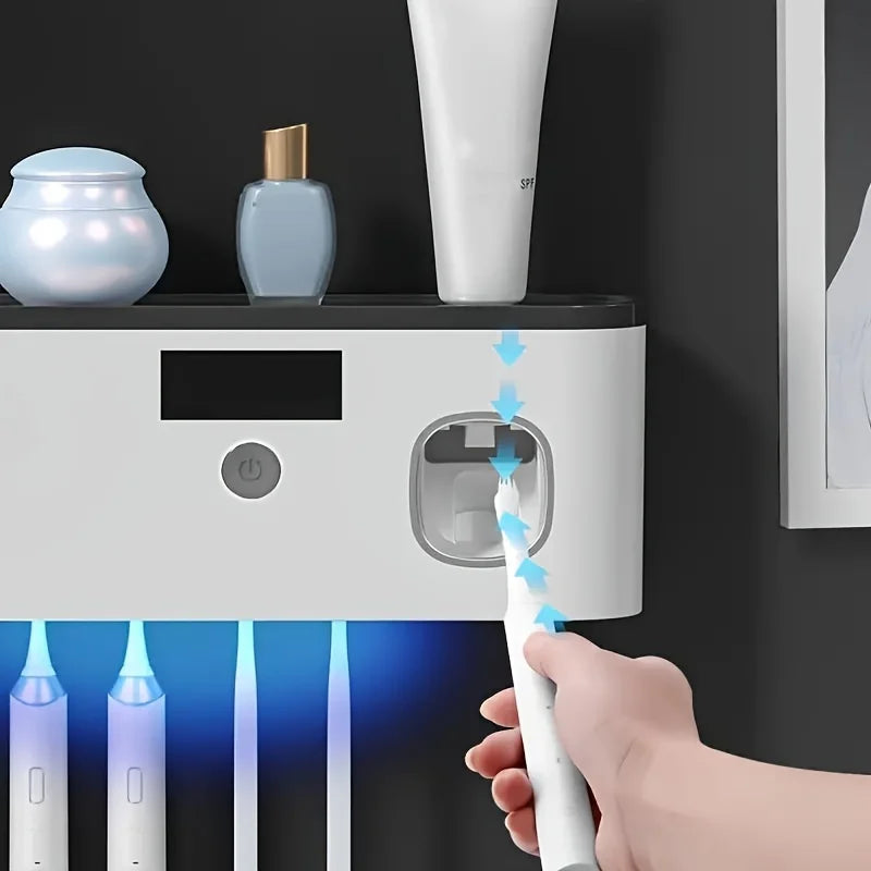Intelligent UV toothbrush sterilizer with automatic toothpaste dispenser .