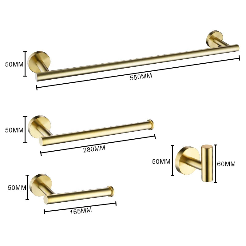 Brushed Gold Wall Mounted Hand Towel Bar 304 Stainless Steel Round Toilet Paper Holder Robe