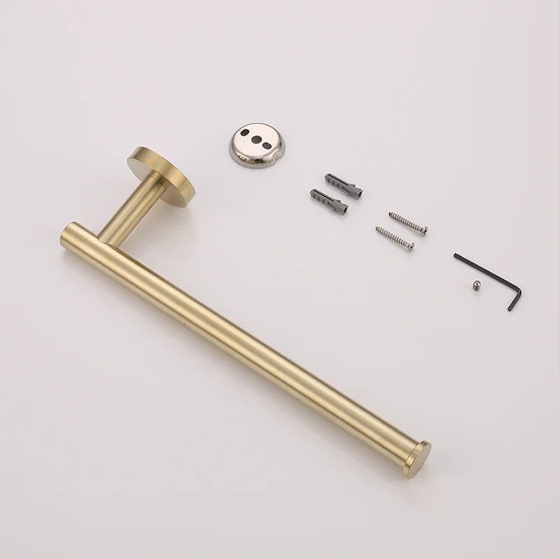 Brushed Gold Wall Mounted Hand Towel Bar 304 Stainless Steel Round Toilet Paper Holder Robe
