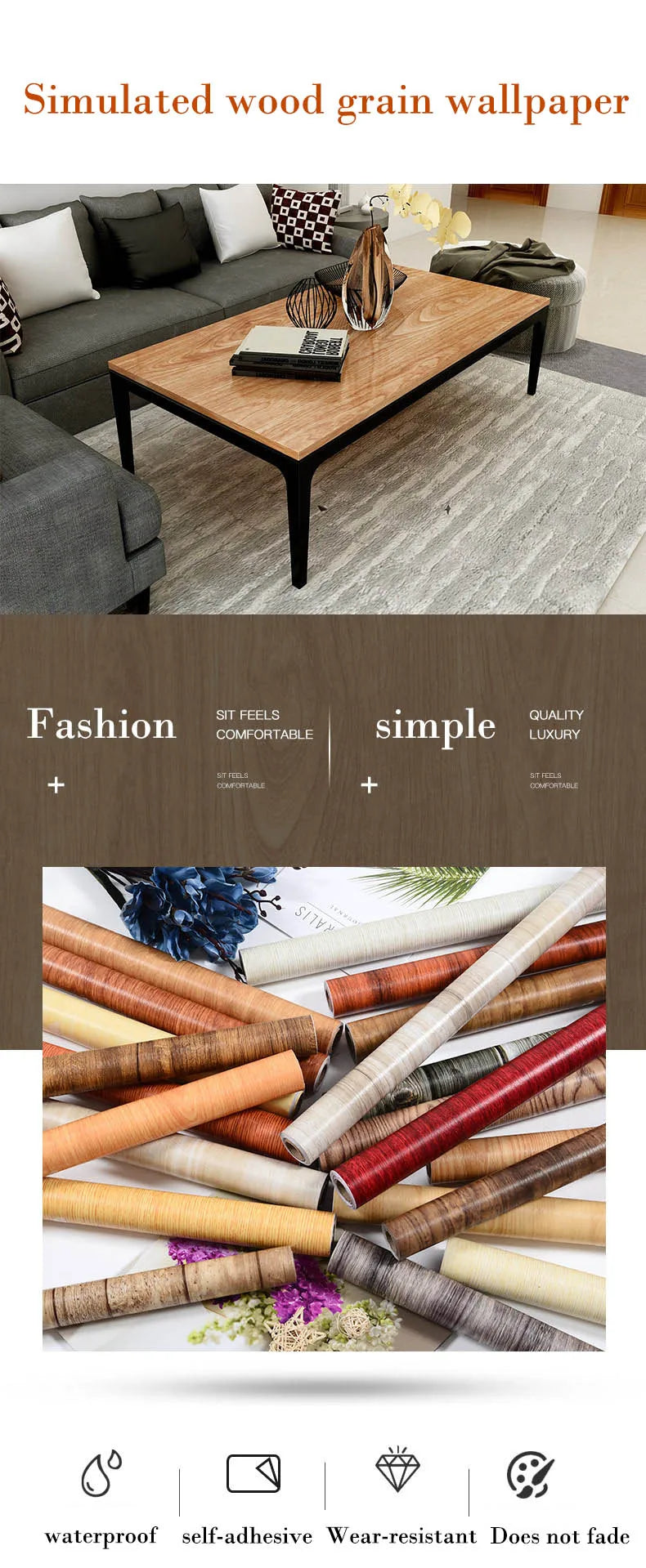45cm Big Roll Home Decoration Background Wall Desk Wood Stripes Waterproof PVC