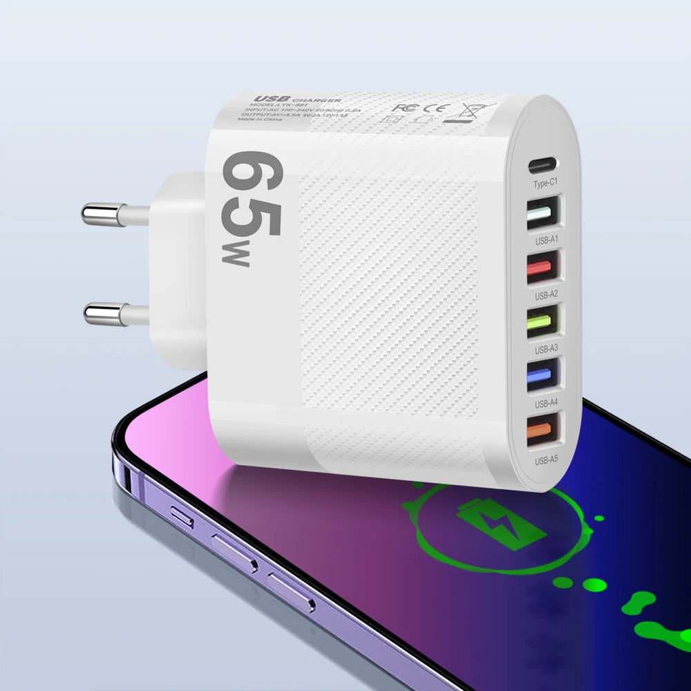 3.1A 5Ports USB Charger PD Charging Adapter For Xiaomi iPhone 13 Samsung Mobile Phone
