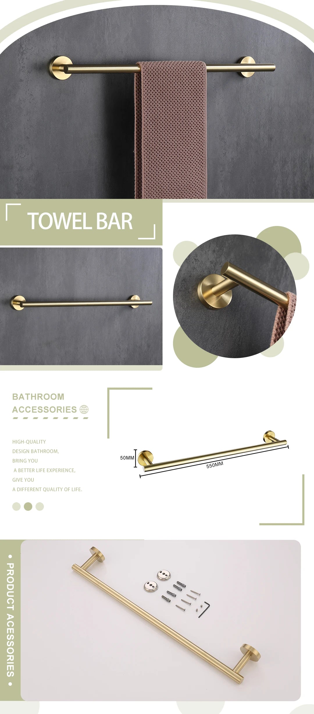 Brushed Gold Wall Mounted Hand Towel Bar 304 Stainless Steel Round Toilet Paper Holder Robe