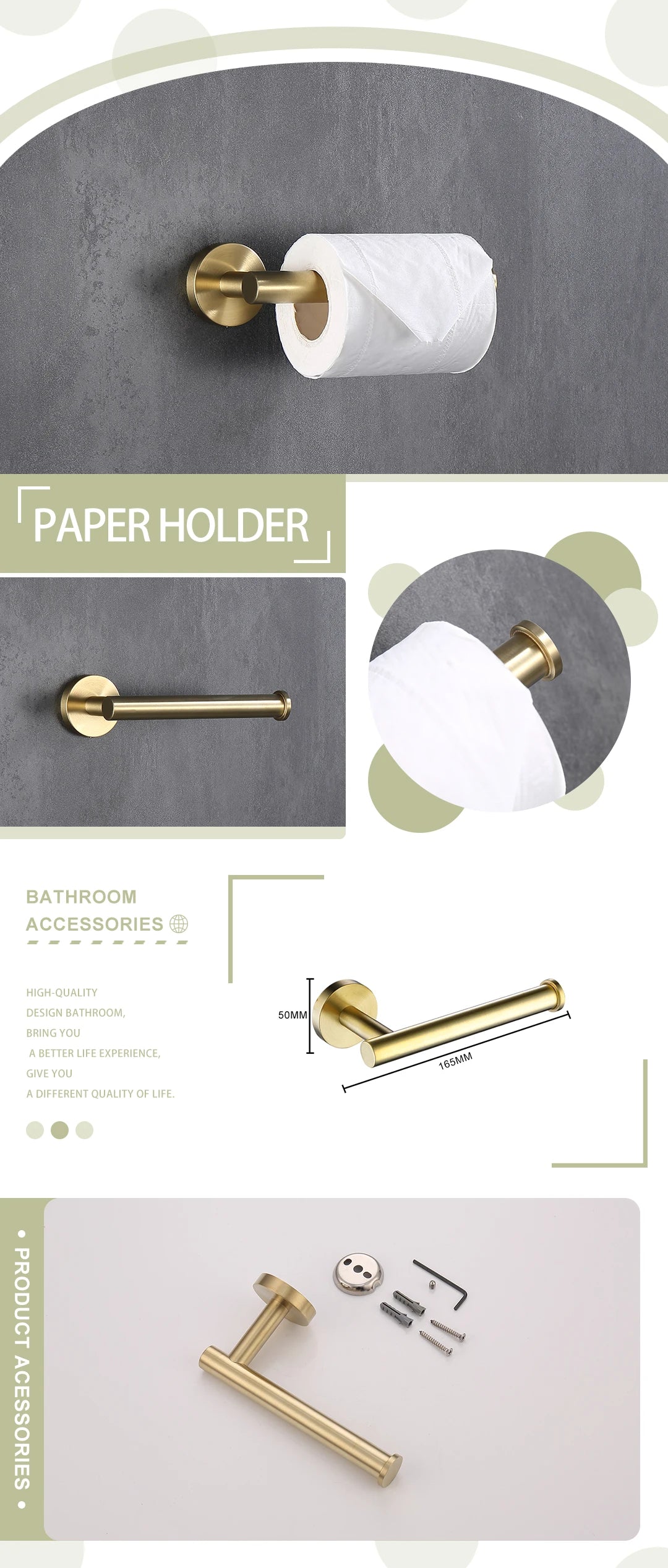 Brushed Gold Wall Mounted Hand Towel Bar 304 Stainless Steel Round Toilet Paper Holder Robe