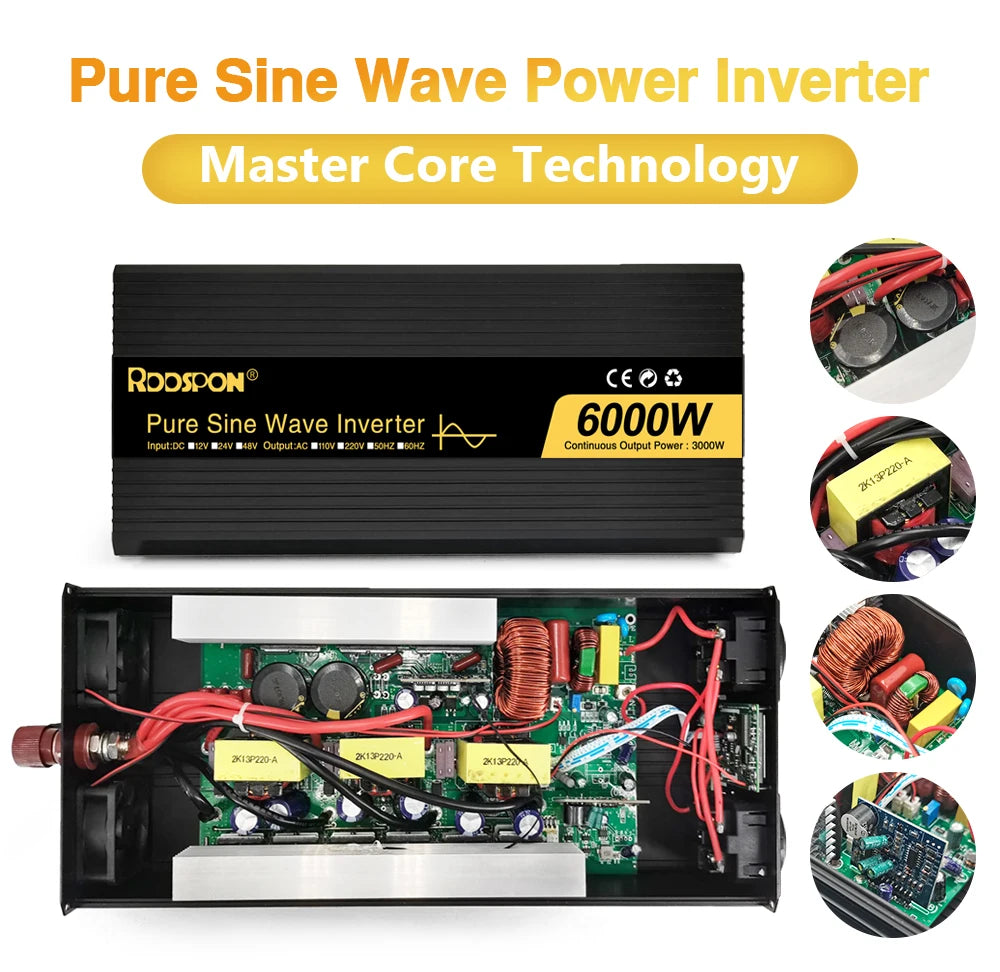 RDDSPON Pure Sine Wave Inverters 4000W 5000W 6000W Double EU SocketDC 12V 24V 48V to AC 110V 220V,50Hz,60Hz Voltage Converter