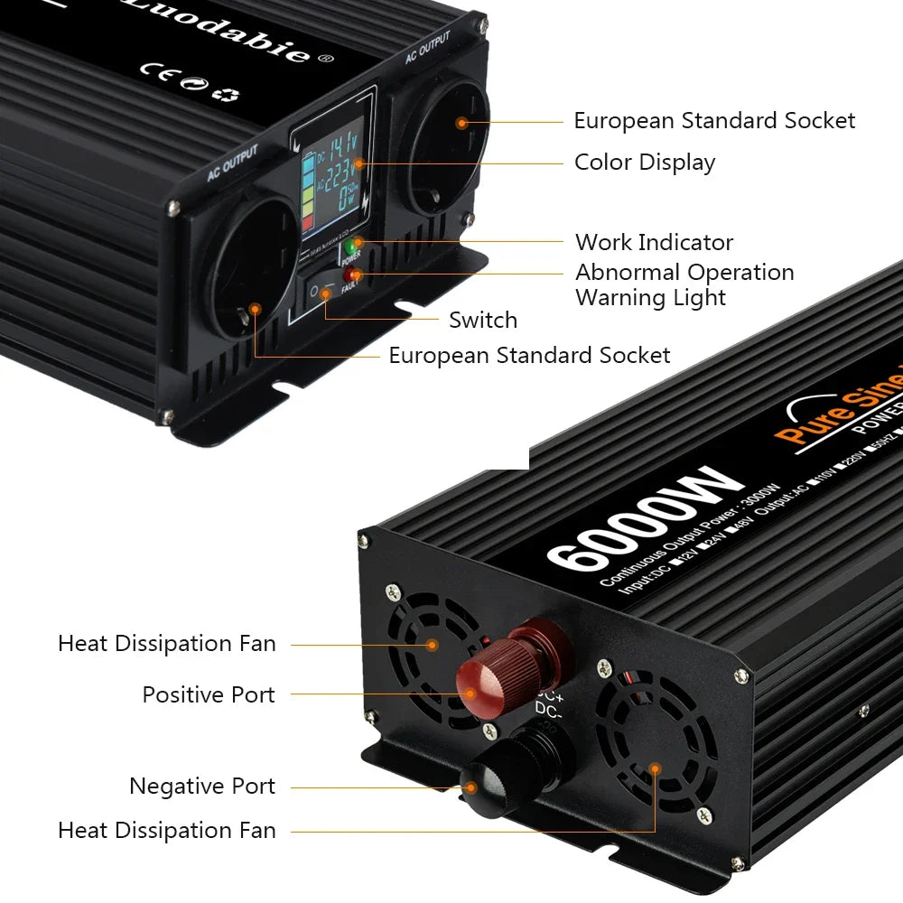 RDDSPON Pure Sine Wave Inverters 4000W 5000W 6000W Double EU SocketDC 12V 24V 48V to AC 110V 220V,50Hz,60Hz Voltage Converter
