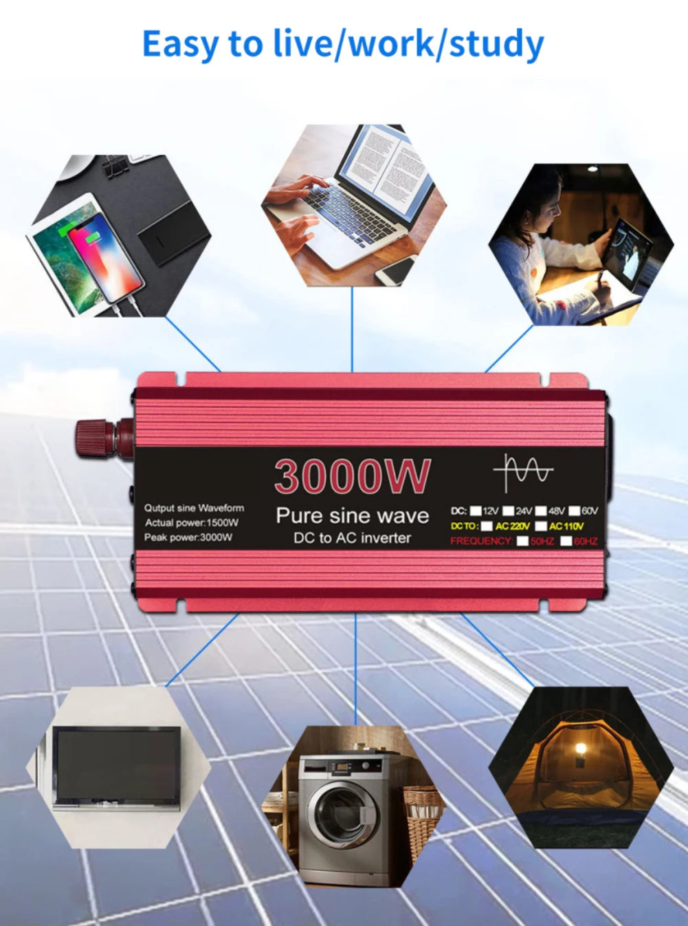 Pure Sine Wave Inverter DC 12V/24V To AC 110V/220V 1000W 1600W 2000W 2200W Portable Power Bank Converter Solar Inverter