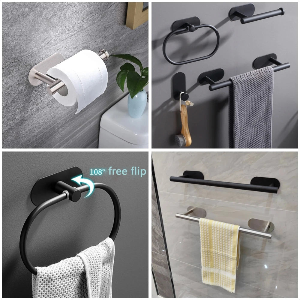 Toilet Paper Dispenser Holder Wall Coat Hooks Towel Rail Ring Roll Hanger Set