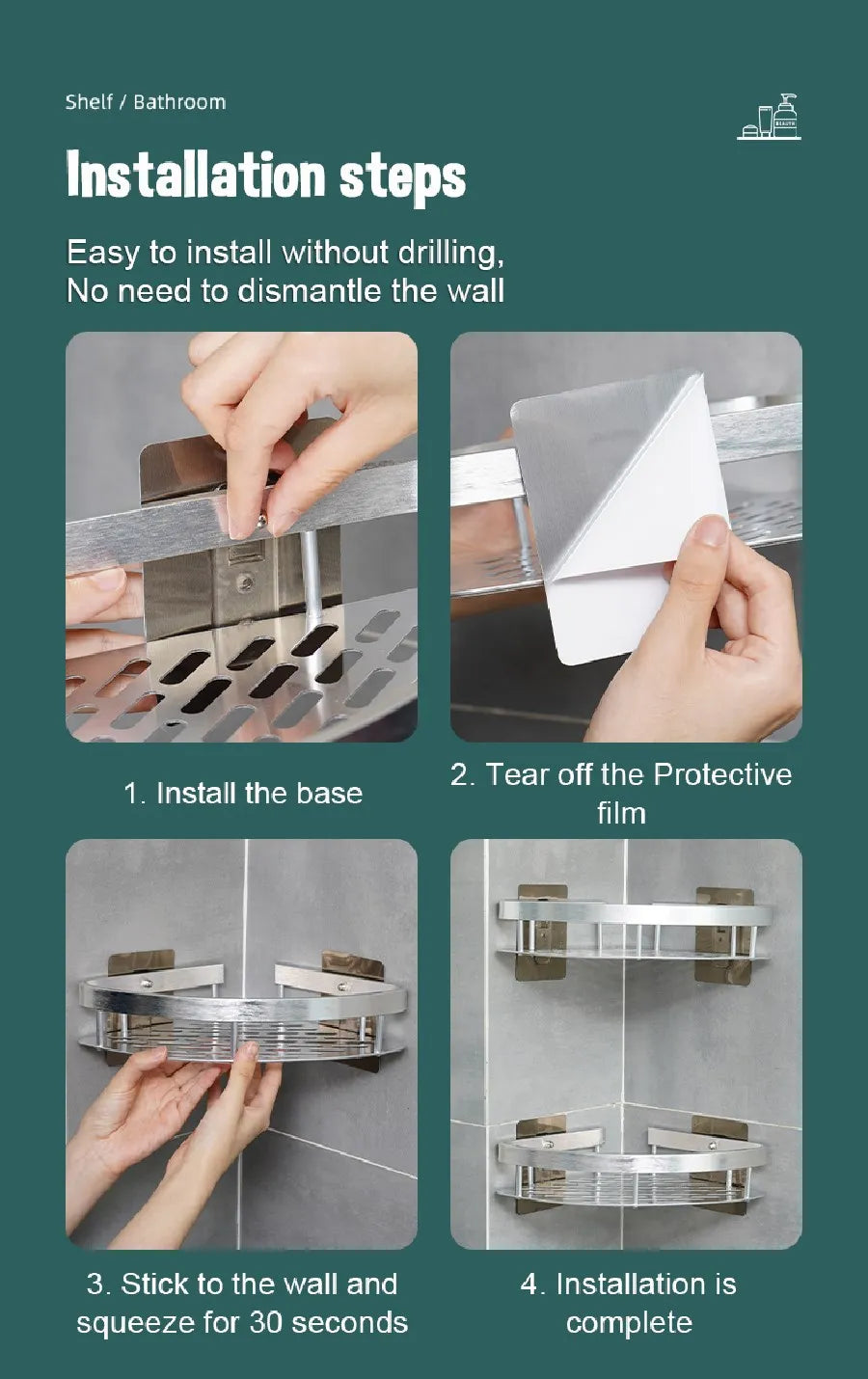 Non perforated Bathroom Shelf Floating Shelf for Wal Bathroom Corner Shelf wall