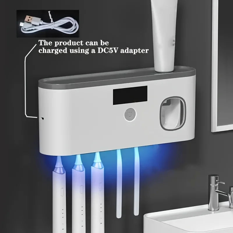 Intelligent UV toothbrush sterilizer with automatic toothpaste dispenser .