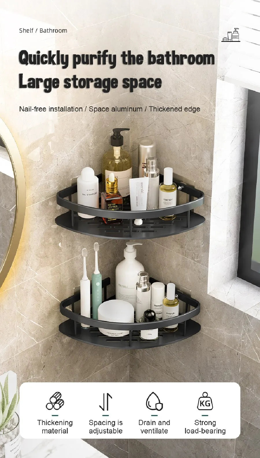 Non perforated Bathroom Shelf Floating Shelf for Wal Bathroom Corner Shelf wall
