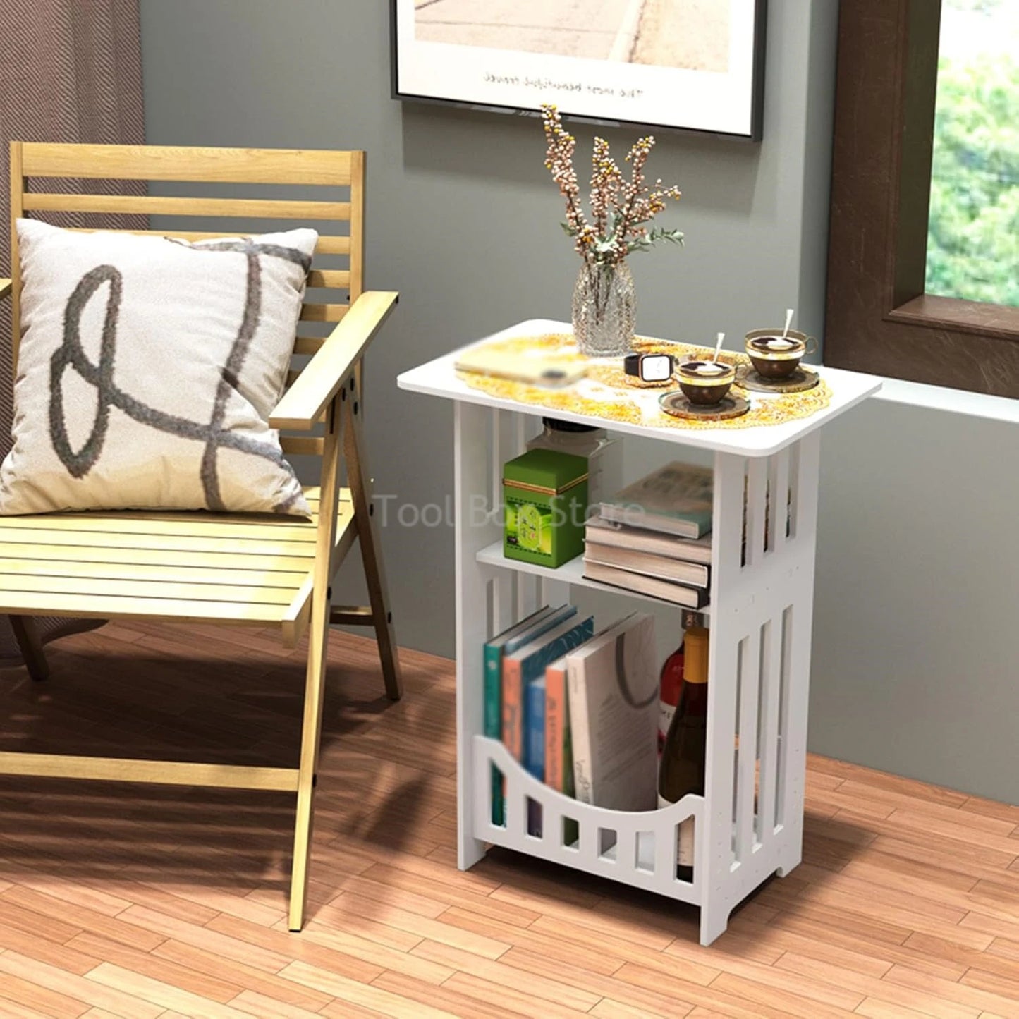 Bedside Table Cabinet Small Square Desks 2-Layers Bookshelf Sundries Holder Living Room