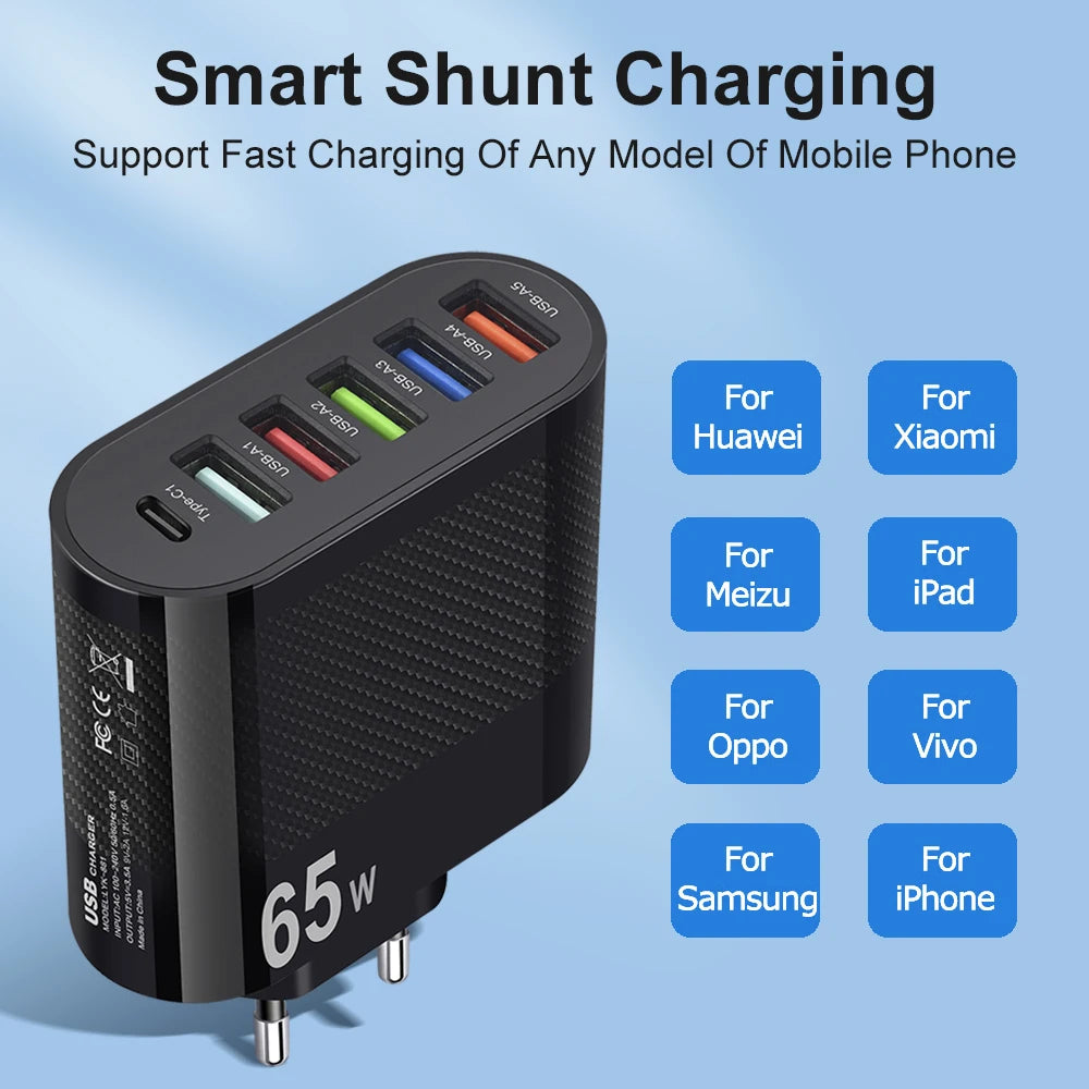 3.1A 5Ports USB Charger PD Charging Adapter For Xiaomi iPhone 13 Samsung Mobile Phone