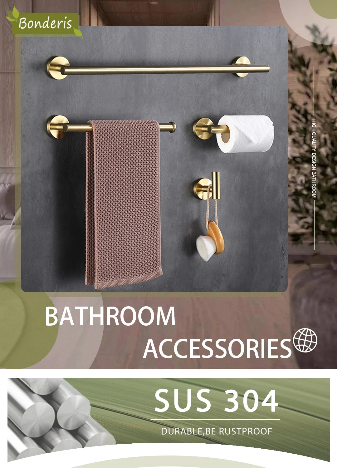 Brushed Gold Wall Mounted Hand Towel Bar 304 Stainless Steel Round Toilet Paper Holder Robe