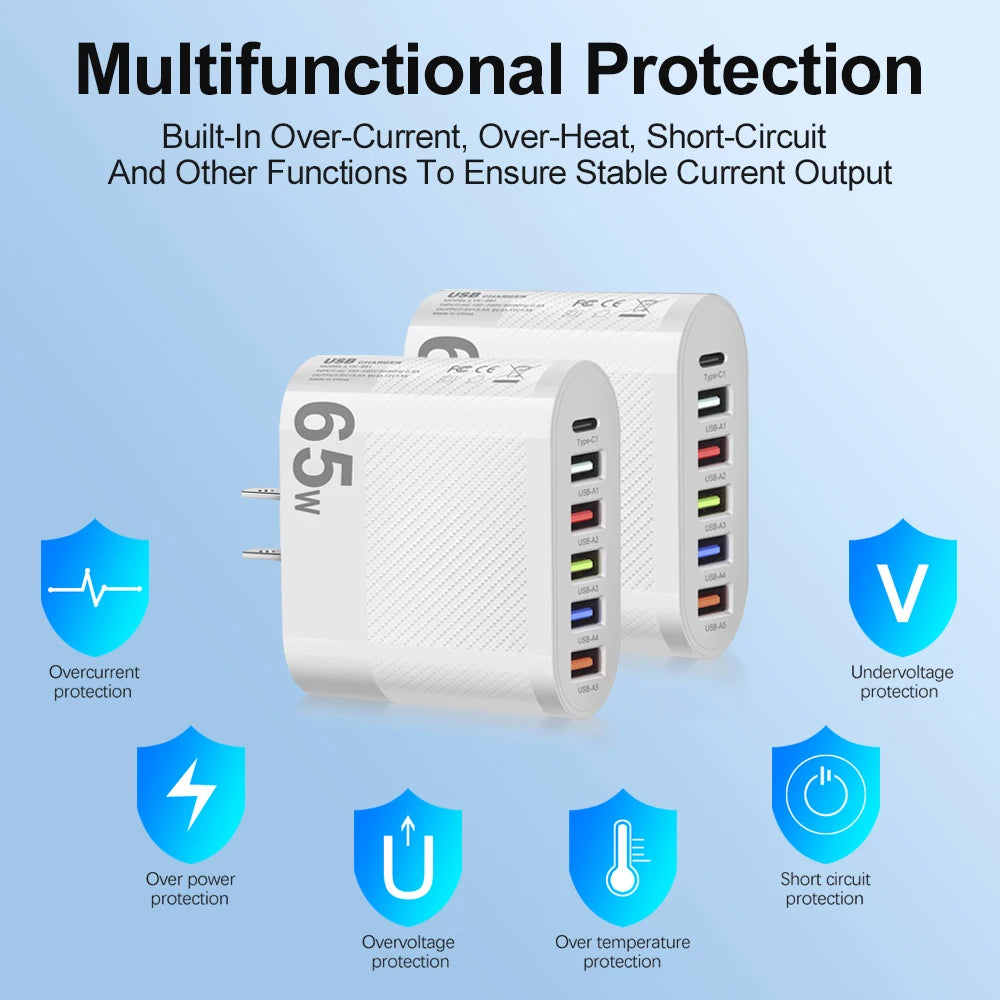 3.1A 5Ports USB Charger PD Charging Adapter For Xiaomi iPhone 13 Samsung Mobile Phone