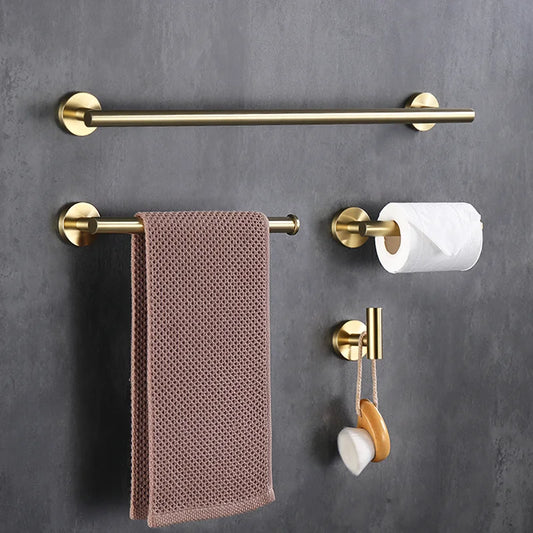 Brushed Gold Wall Mounted Hand Towel Bar 304 Stainless Steel Round Toilet Paper Holder Robe