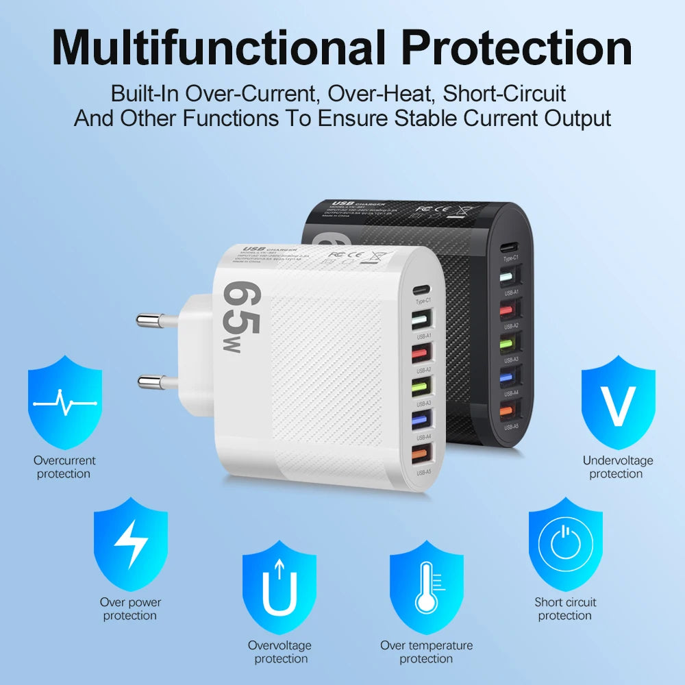 3.1A 5Ports USB Charger PD Charging Adapter For Xiaomi iPhone 13 Samsung Mobile Phone