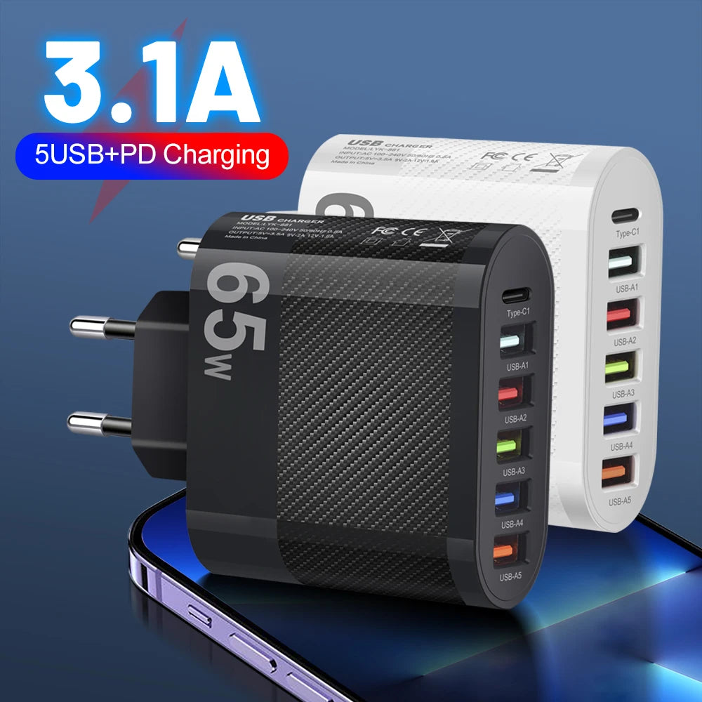 3.1A 5Ports USB Charger PD Charging Adapter For Xiaomi iPhone 13 Samsung Mobile Phone