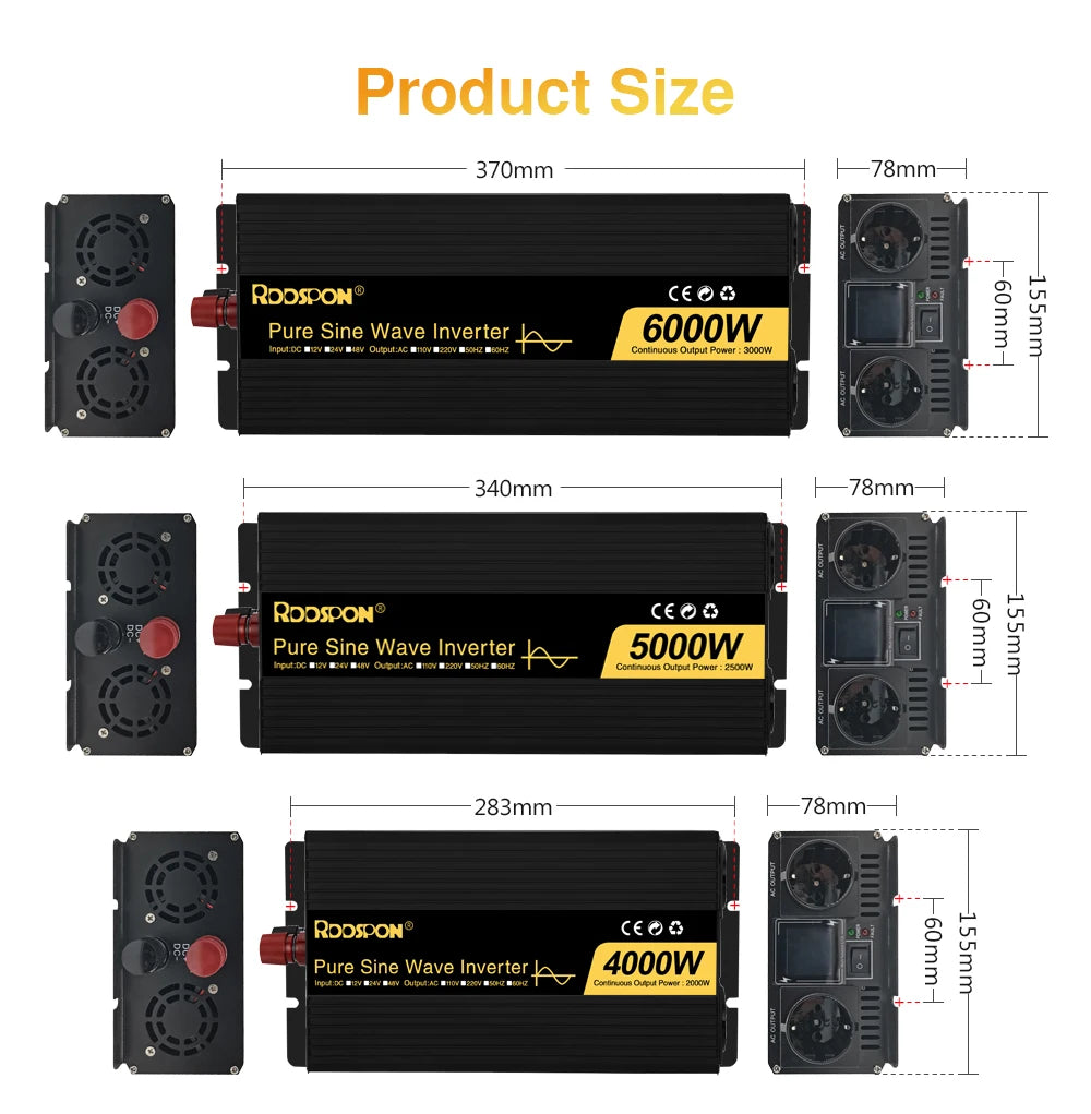 RDDSPON  Pure Sine Wave Inverters 4000W 5000W 6000W  Double EU SocketDC 12V 24V 48V to AC 110V 220V,50Hz,60Hz  Voltage Converter