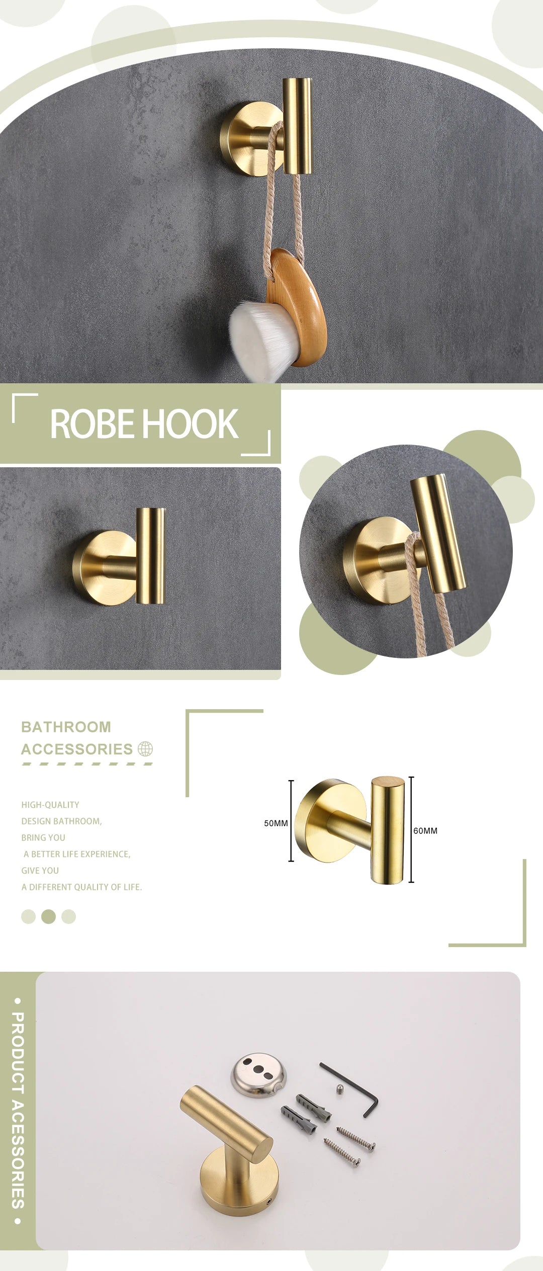 Brushed Gold Wall Mounted Hand Towel Bar 304 Stainless Steel Round Toilet Paper Holder Robe