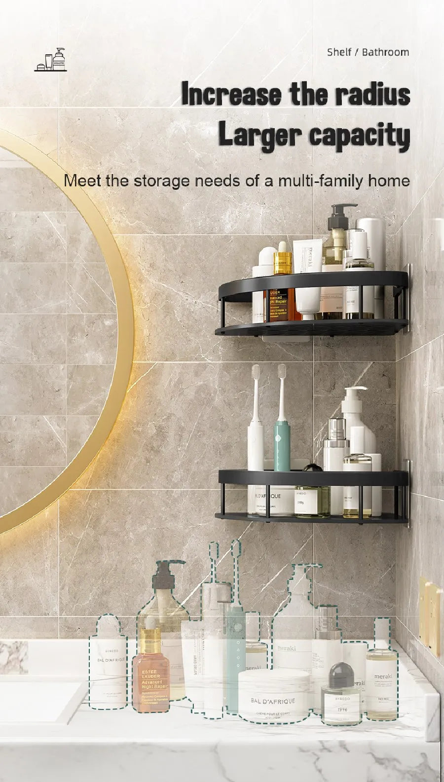 Non perforated Bathroom Shelf Floating Shelf for Wal Bathroom Corner Shelf wall