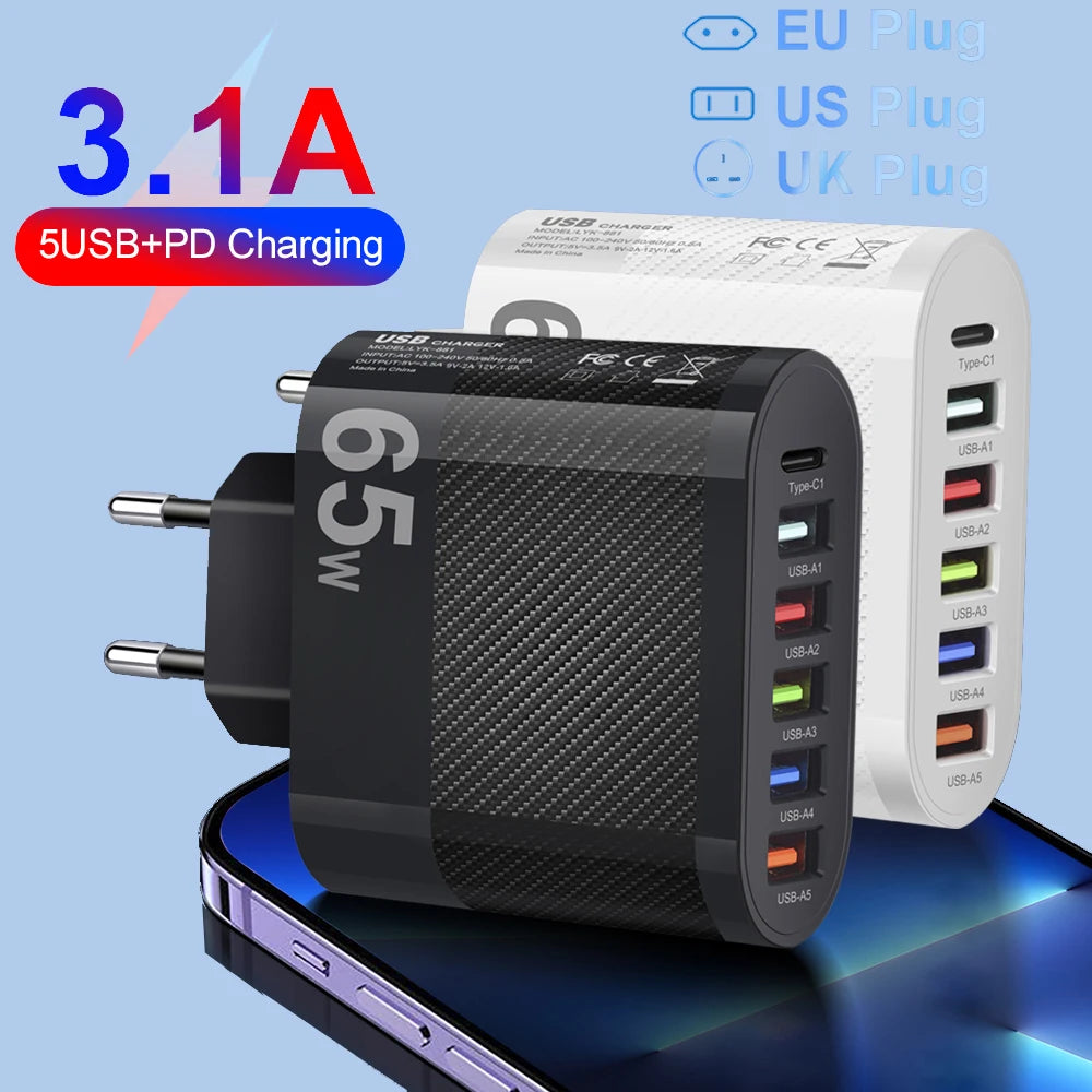 3.1A 5Ports USB Charger PD Charging Adapter For Xiaomi iPhone 13 Samsung Mobile Phone