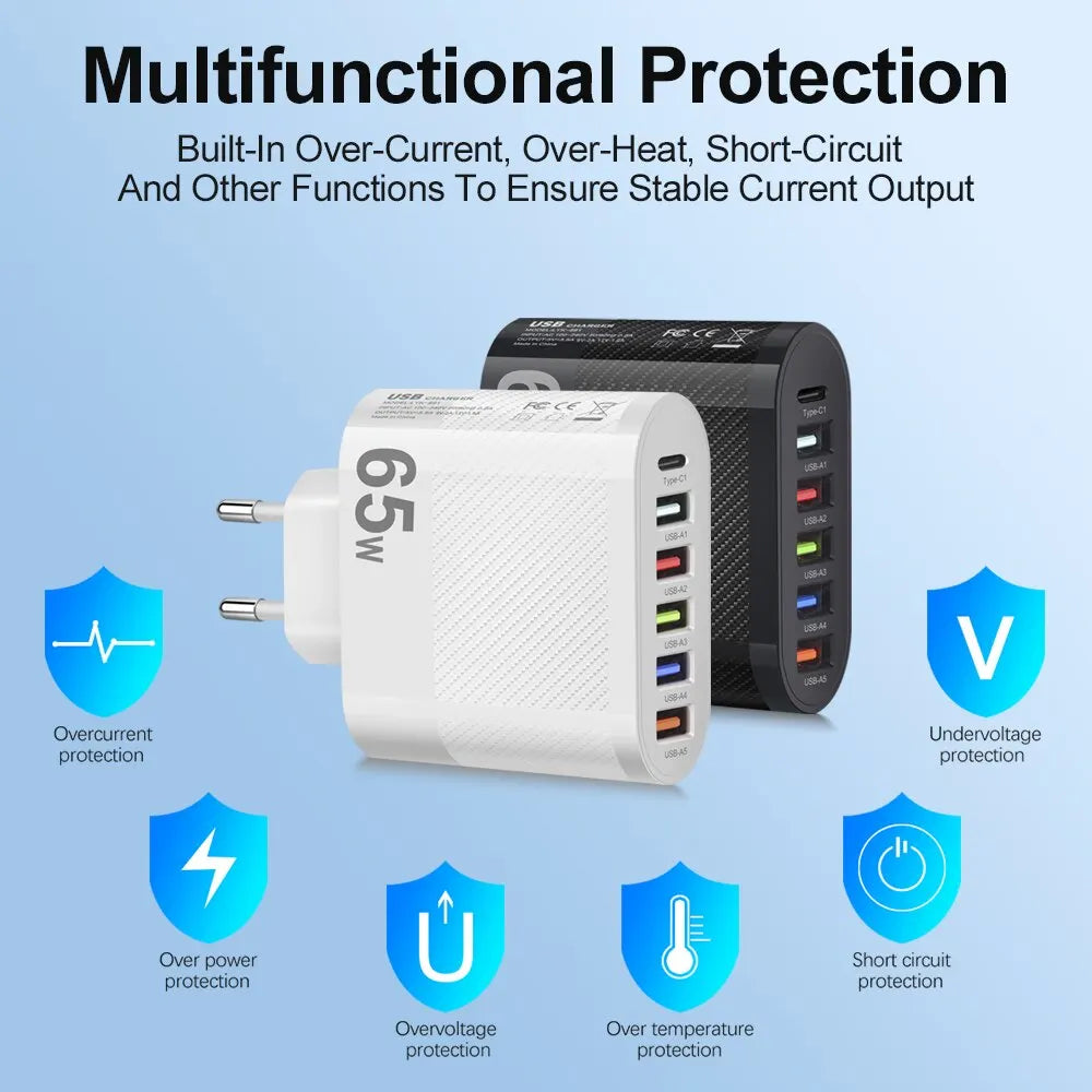 3.1A 5Ports USB Charger PD Charging Adapter For Xiaomi iPhone 13 Samsung Mobile Phone