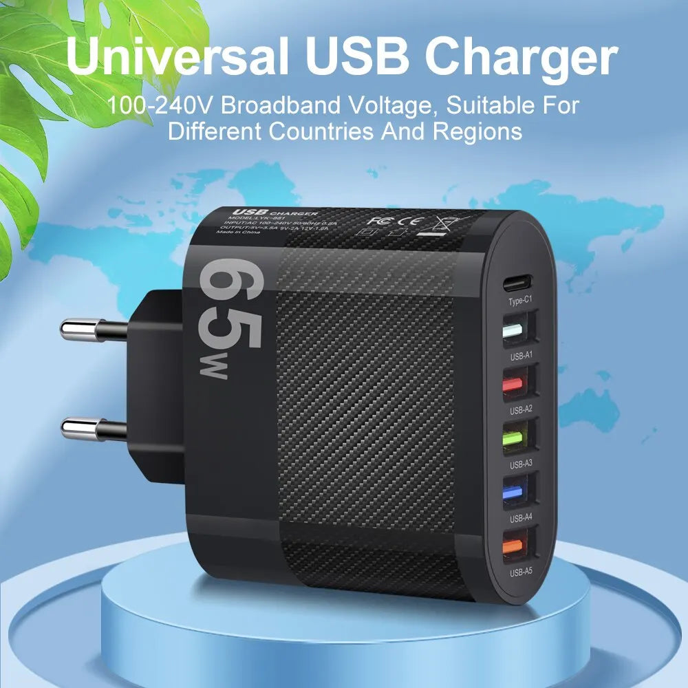 3.1A 5Ports USB Charger PD Charging Adapter For Xiaomi iPhone 13 Samsung Mobile Phone