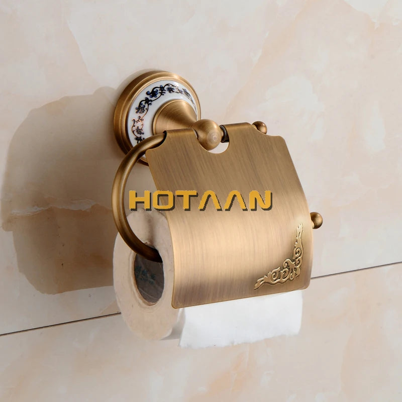 Antique Brushed Solid Brass Bathroom Accessories Sets European Porcelain Bathroom Hardware Sets Ceramic Retro Bathroom Products