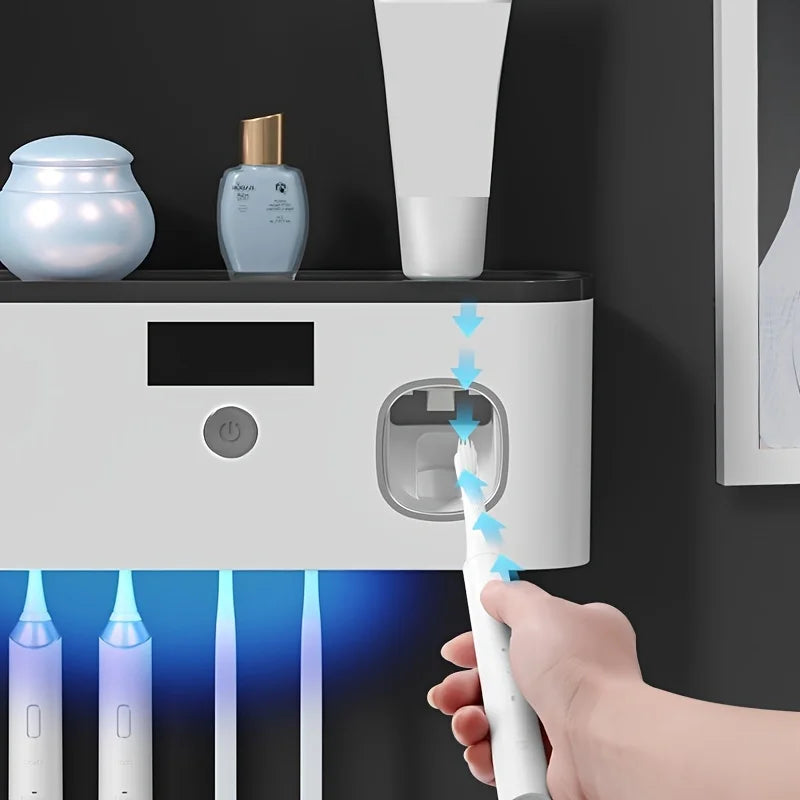 Intelligent UV toothbrush sterilizer with automatic toothpaste dispenser .
