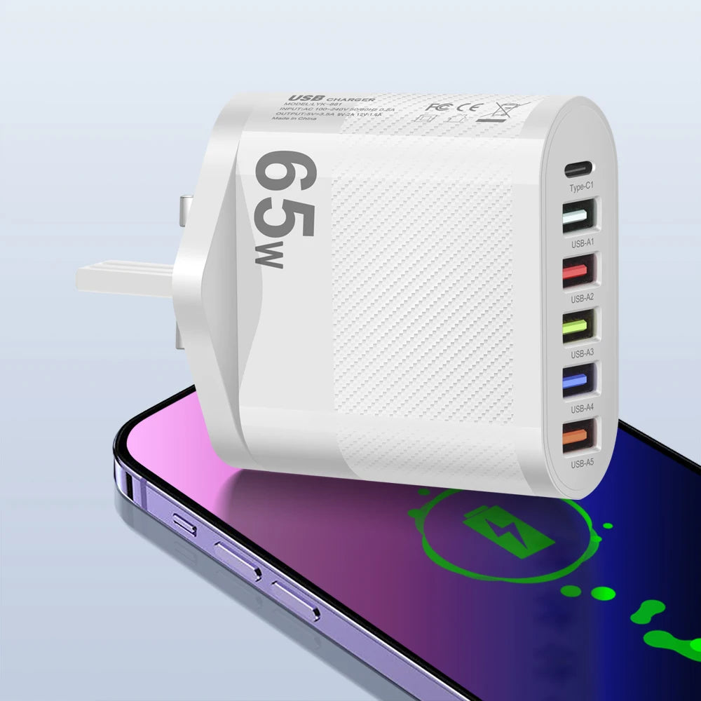 3.1A 5Ports USB Charger PD Charging Adapter For Xiaomi iPhone 13 Samsung Mobile Phone
