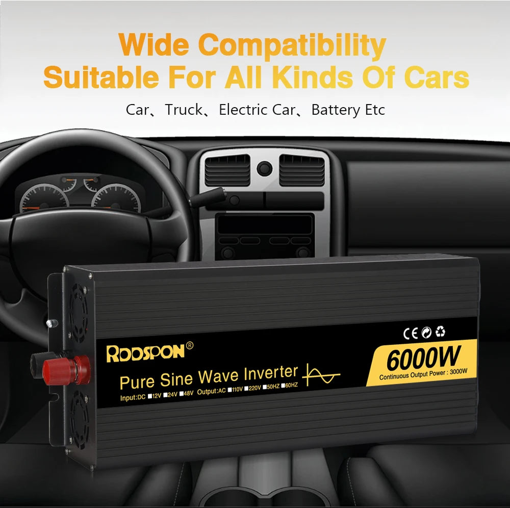 RDDSPON  Pure Sine Wave Inverters 4000W 5000W 6000W  Double EU SocketDC 12V 24V 48V to AC 110V 220V,50Hz,60Hz  Voltage Converter