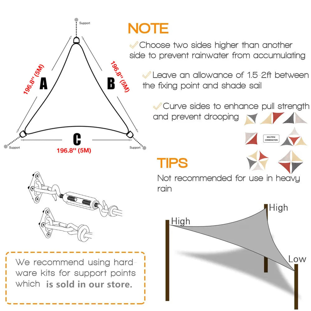 5x5x5/2x2x2M Waterproof Sun Shelter Triangle