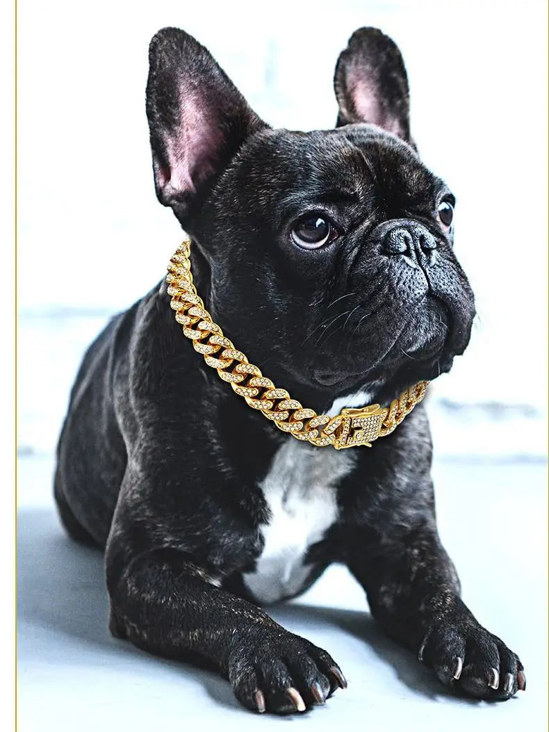 Dog Chain Diamond Cuban Collar Walking Metal Chain Collar with Design Secure Buckle