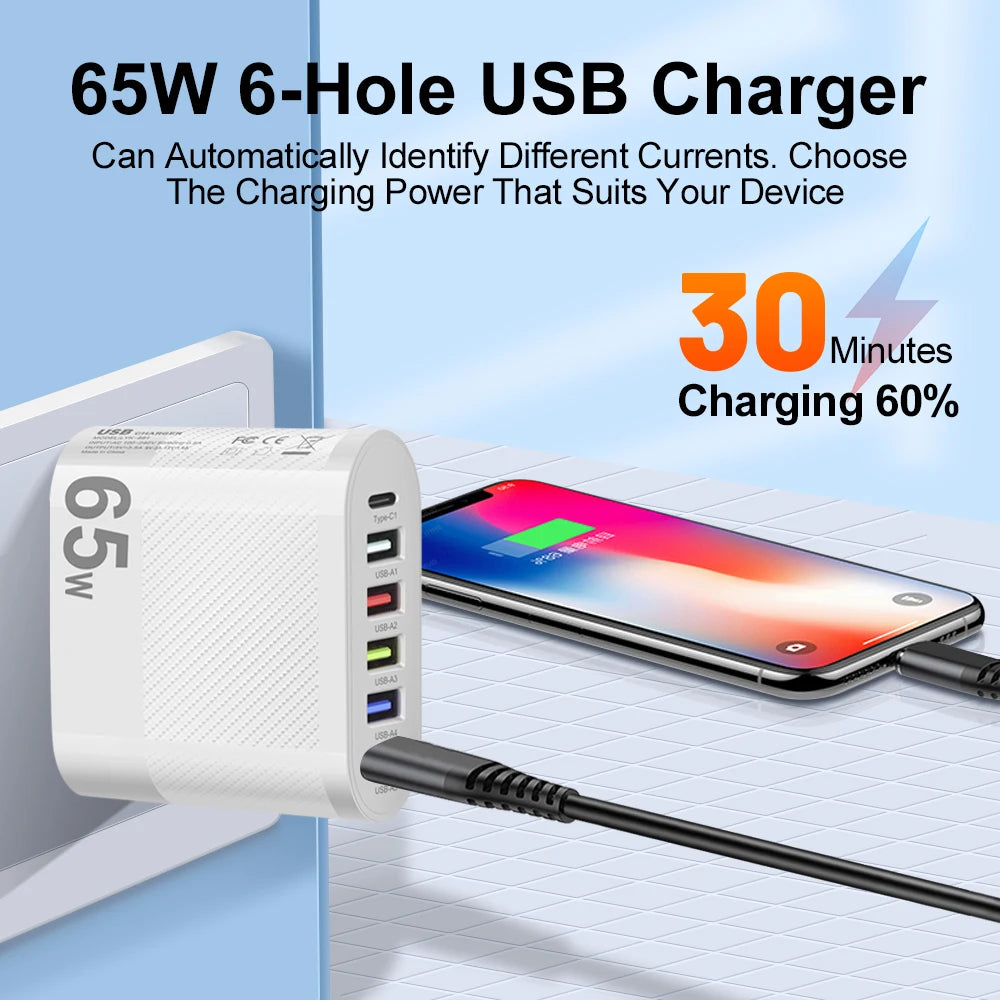 3.1A 5Ports USB Charger PD Charging Adapter For Xiaomi iPhone 13 Samsung Mobile Phone